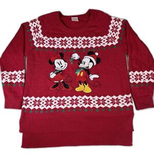 Disney Store Mickey Minnie Mouse Red Holiday Sweater for Women Sz L Embroidered